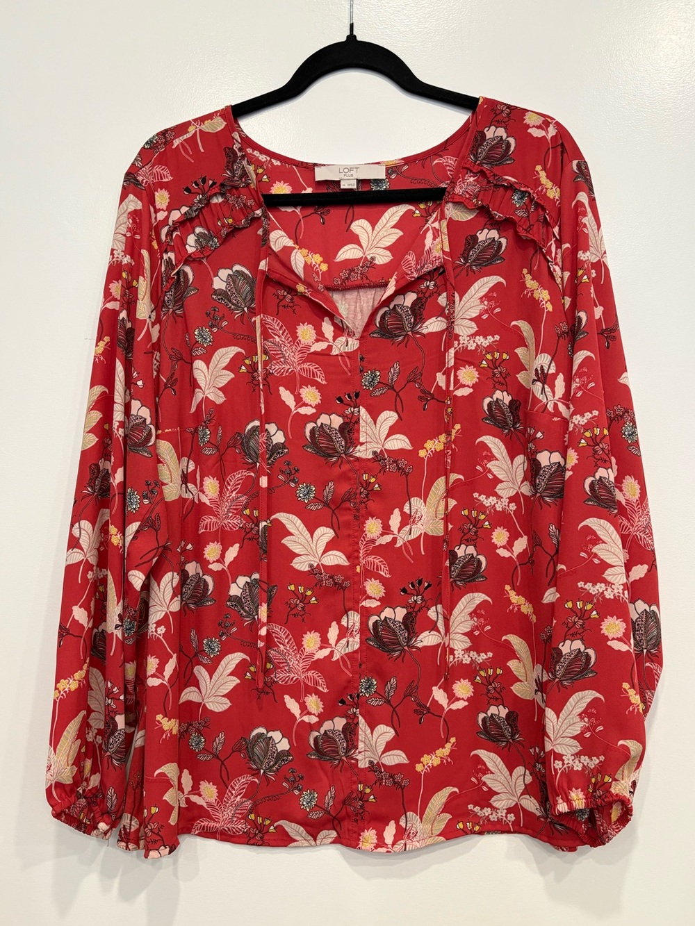 Loft Long Sleeve Floral Print Red Blouse - 16W - Excellent Condition